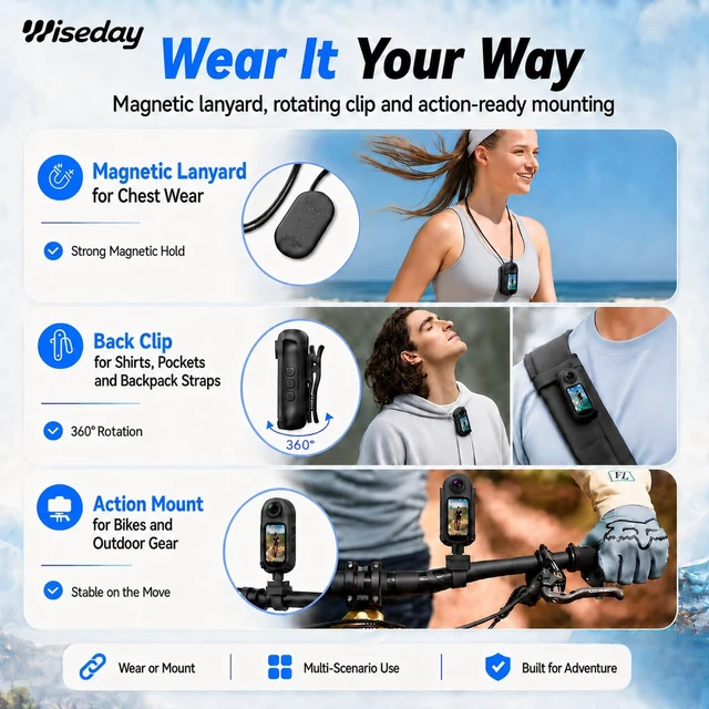 Alt view image 2 of 6 - Mini Action Camera 6-Axis EIS Stablization,4K 64MP Wearable Sports Camera | UHD Thumb Camera,WiFi Bodycam with audio/video recording,EIS anti-shake,1.5" screen Bluetooth sports camera, 160-min battery