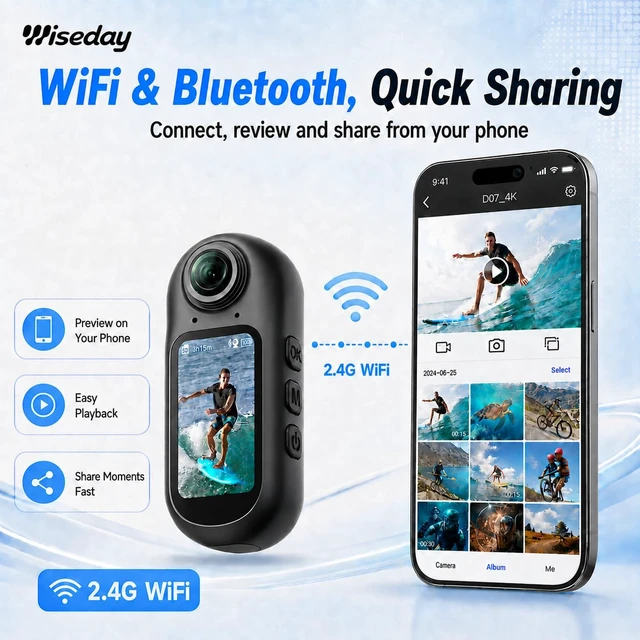 Alt view image 4 of 6 - Mini Action Camera 6-Axis EIS Stablization,4K 64MP Wearable Sports Camera | UHD Thumb Camera,WiFi Bodycam with audio/video recording,EIS anti-shake,1.5" screen Bluetooth sports camera, 160-min battery