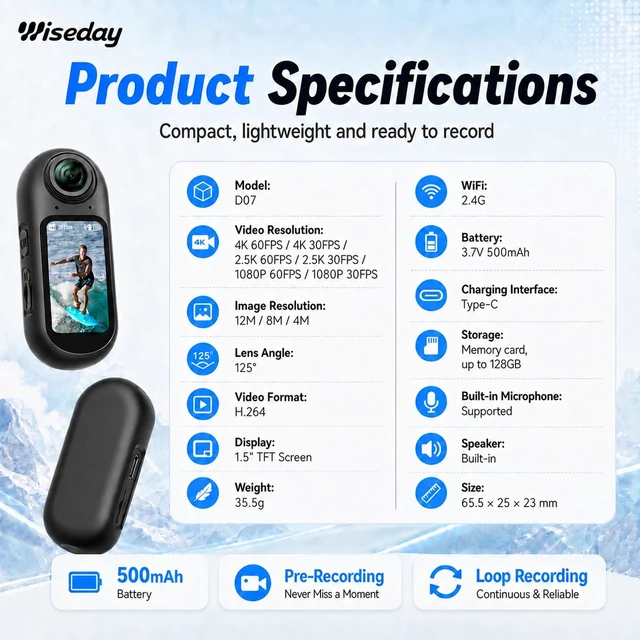 Alt view image 6 of 6 - Mini Action Camera 6-Axis EIS Stablization,4K 64MP Wearable Sports Camera | UHD Thumb Camera,WiFi Bodycam with audio/video recording,EIS anti-shake,1.5" screen Bluetooth sports camera, 160-min battery