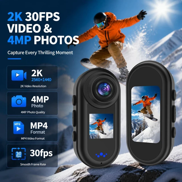 Alt view image 2 of 6 - Ainuosing 2K Mini Action Camera with Dual Screen, 64GB Portable Sports Camera, 140° Wide Angle, 30FPS HD Recording, Wearable Body Cam for Cycling, Skiing & Travel