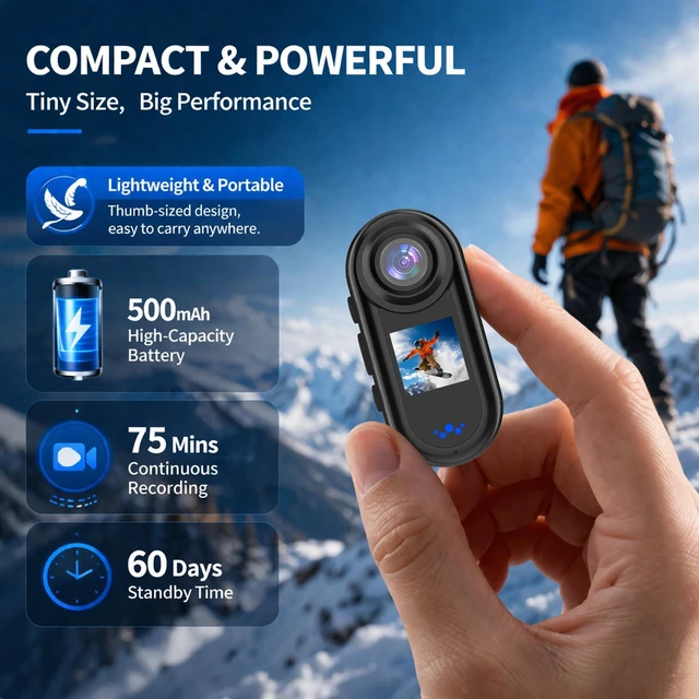 Alt view image 3 of 6 - Ainuosing 2K Mini Action Camera with Dual Screen, 64GB Portable Sports Camera, 140° Wide Angle, 30FPS HD Recording, Wearable Body Cam for Cycling, Skiing & Travel