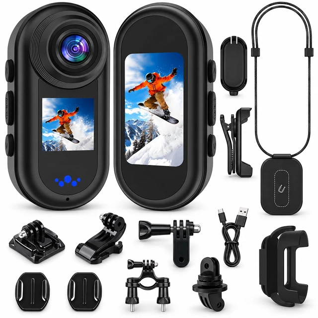 Main image of Ainuosing 2K Mini Action Camera with Dual Screen, 64GB Portable Sports Camera, 140° Wide Angle, 30FPS HD Recording, Wearable Body Cam for Cycling, Skiing & Travel