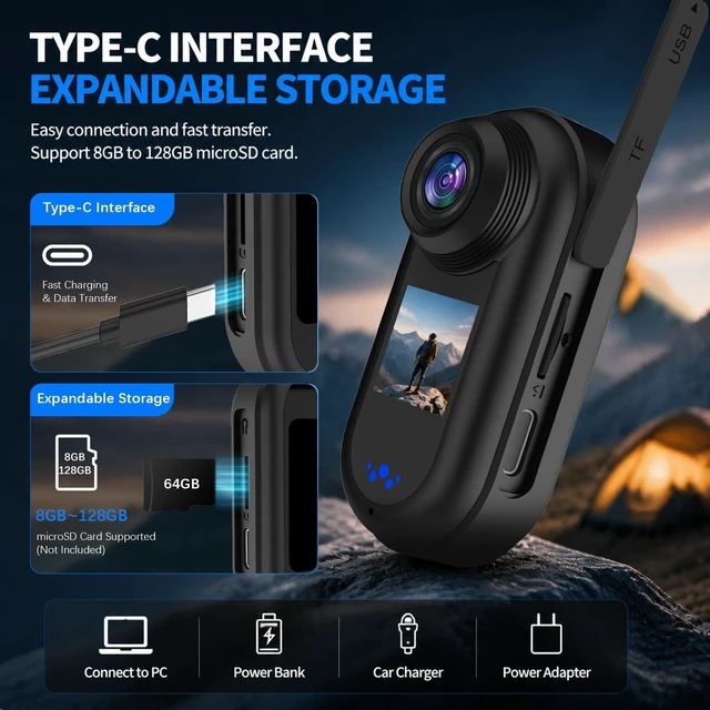 Alt view image 5 of 6 - Ainuosing 2K Mini Action Camera with Dual Screen, 64GB Portable Sports Camera, 140° Wide Angle, 30FPS HD Recording, Wearable Body Cam for Cycling, Skiing & Travel