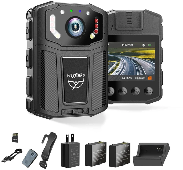 Main image of Weyfinko 2K Body Camera with Dual Batteries and Charging Dock, 1440P Body Cam with Audio, Video and Night Vision, 14H Total Runtime, 64GB Card Included, Body Worn Camera for Work, Security and Travel