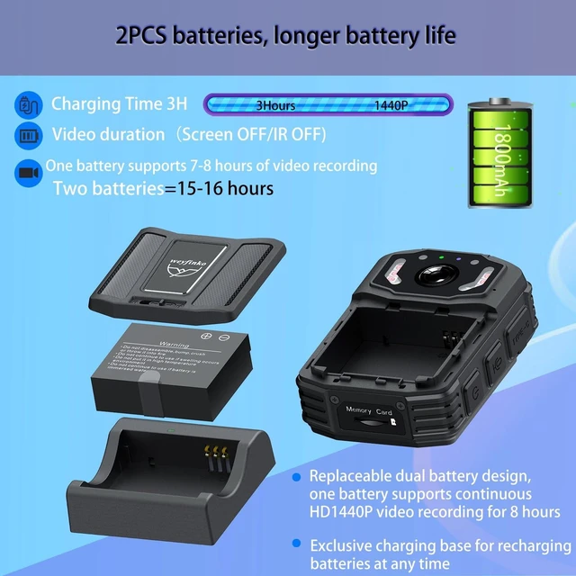 Alt view image 3 of 6 - Weyfinko 2K Body Camera with Dual Batteries and Charging Dock, 1440P Body Cam with Audio, Video and Night Vision, 14H Total Runtime, 64GB Card Included, Body Worn Camera for Work, Security and Travel