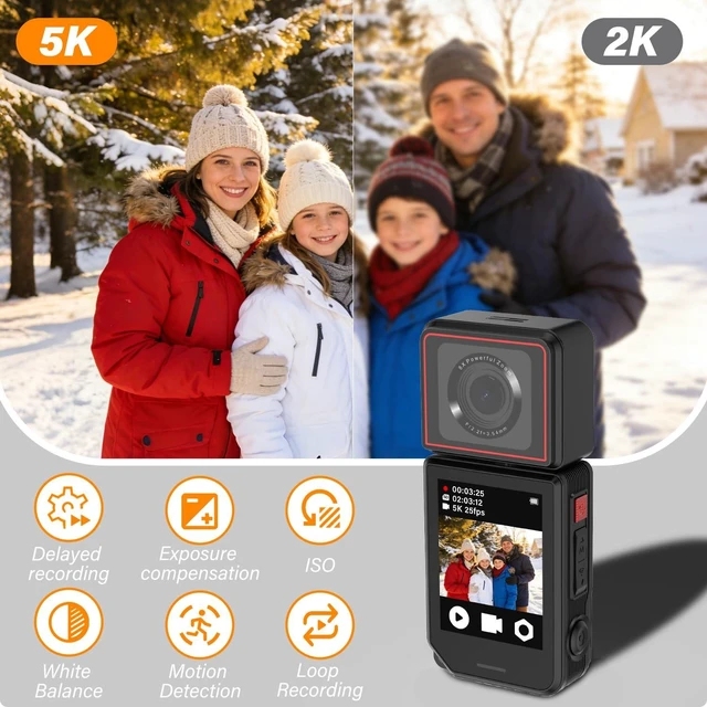 Alt view image 2 of 7 - 5K Action Camera with 180° Rotation 6-Axis EIS Touch Screen Body Cam | WiFi App Preview & Transfer, Remote Control, 25P Photos, 64GB Card, 135° Wide-Angle, for Cycling Running Motorcycle Hiking