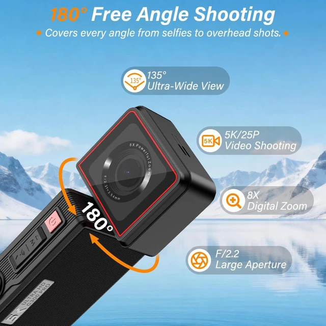 Alt view image 4 of 7 - 5K Action Camera with 180° Rotation 6-Axis EIS Touch Screen Body Cam | WiFi App Preview & Transfer, Remote Control, 25P Photos, 64GB Card, 135° Wide-Angle, for Cycling Running Motorcycle Hiking