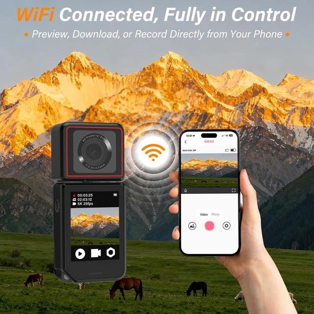 Alt view image 7 of 7 - 5K Action Camera with 180° Rotation 6-Axis EIS Touch Screen Body Cam | WiFi App Preview & Transfer, Remote Control, 25P Photos, 64GB Card, 135° Wide-Angle, for Cycling Running Motorcycle Hiking