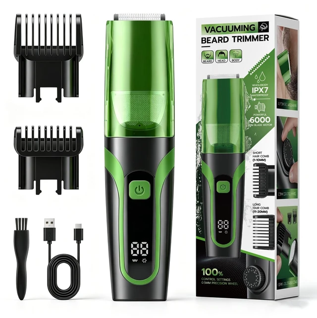 Main image of Beard Trimmer for men, Vacuum Mustache Trimmer Electric Shaver, Green | Body Hair Trimmer with Type-C Charging, LCD Display, IPX7 Waterproof, Dual-Motor, Length Adjustable Blade Wheel (1/25"-4/5")