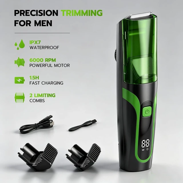 Alt view image 4 of 6 - Beard Trimmer for men, Vacuum Mustache Trimmer Electric Shaver, Green | Body Hair Trimmer with Type-C Charging, LCD Display, IPX7 Waterproof, Dual-Motor, Length Adjustable Blade Wheel (1/25"-4/5")