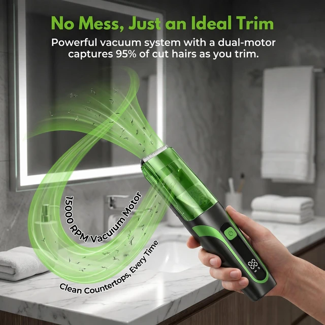 Alt view image 2 of 6 - Beard Trimmer for men, Vacuum Mustache Trimmer Electric Shaver, Green | Body Hair Trimmer with Type-C Charging, LCD Display, IPX7 Waterproof, Dual-Motor, Length Adjustable Blade Wheel (1/25"-4/5")