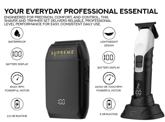 Alt view image 2 of 7 - Supreme Trimmer Crunch Foil Shaver & 2Spee Trimmer Barber Hair Cutting Kit | Cordless Beard & Mustache Trimming Set | LCD Battery Displays, Removable Blade Design, Waterproof Shaver (White)