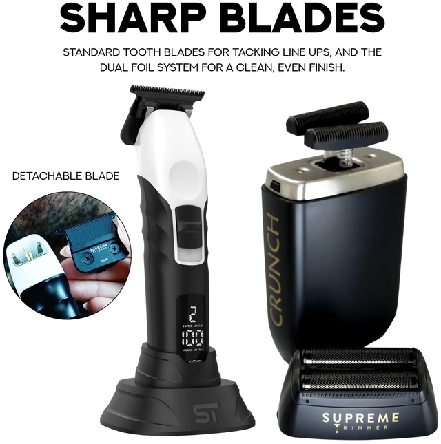 Alt view image 3 of 7 - Supreme Trimmer Crunch Foil Shaver & 2Spee Trimmer Barber Hair Cutting Kit | Cordless Beard & Mustache Trimming Set | LCD Battery Displays, Removable Blade Design, Waterproof Shaver (White)