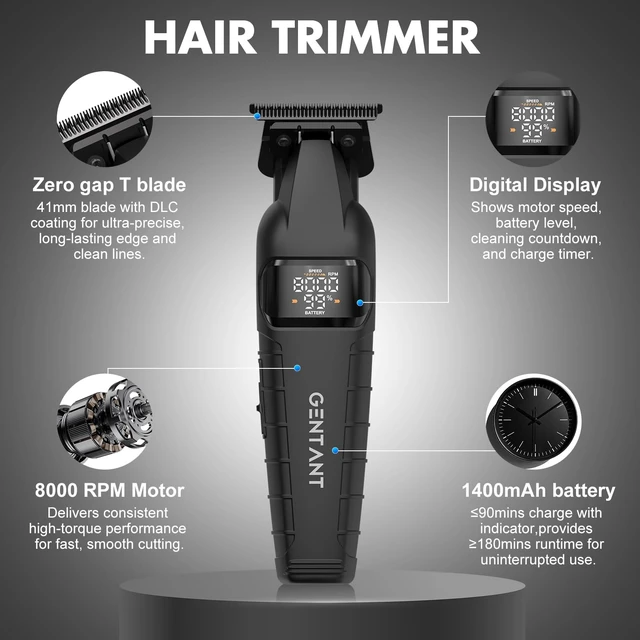 Alt view image 2 of 7 - GenTant Zero Gap Trimmer for Men, Trimmers for Barbers, T Liners Clippers | Zero Gap DLC T-Blade Beard Trimmer, LCD Battery Display, 8000RPM Cordless Detailer, 180-Min Runtime, Type-C, Gifts for Men