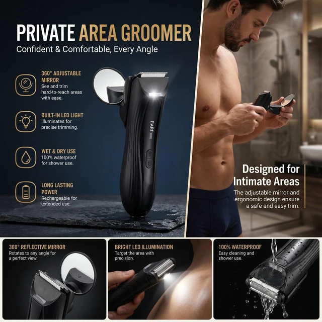 Alt view image 3 of 7 - FARI Men's Body & Beard Hair Trimmer, 8-in-1 Manscaping Electric Shaver with 360° Rotating Mirror & LED Spotlight, IPX7 Waterproof Wet/Dry Clipper for Chest & Beard, USB-C Fast Charging