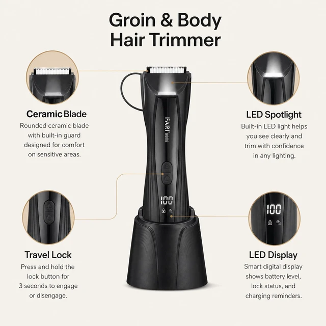 Alt view image 5 of 7 - FARI Men's Body & Beard Hair Trimmer, 8-in-1 Manscaping Electric Shaver with 360° Rotating Mirror & LED Spotlight, IPX7 Waterproof Wet/Dry Clipper for Chest & Beard, USB-C Fast Charging