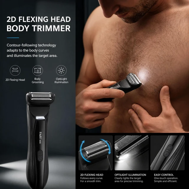 Alt view image 4 of 7 - FARI Men's Body & Beard Hair Trimmer, 8-in-1 Manscaping Electric Shaver with 360° Rotating Mirror & LED Spotlight, IPX7 Waterproof Wet/Dry Clipper for Chest & Beard, USB-C Fast Charging