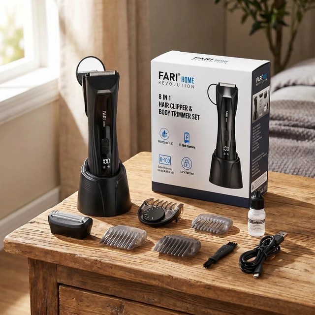 Alt view image 7 of 7 - FARI Men's Body & Beard Hair Trimmer, 8-in-1 Manscaping Electric Shaver with 360° Rotating Mirror & LED Spotlight, IPX7 Waterproof Wet/Dry Clipper for Chest & Beard, USB-C Fast Charging