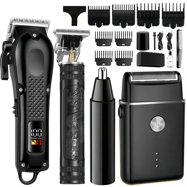 Main image of 4-in-1 Hair Clippers for Men with LED, Beard Trimmer & Foil Shaver | Cordless USB Rechargeable Haircut Kit: Nose Trimmer, Self-Sharpening Blade, Low-Noise, Nick-Free, Black.