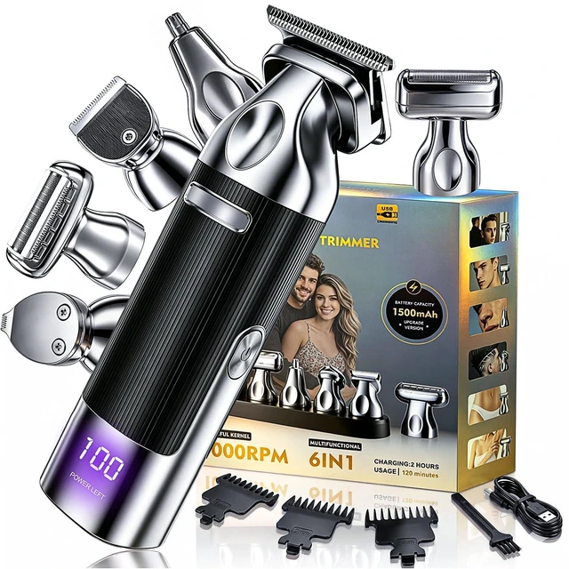 Main image of Audoc 6 in 1 Beard Trimmer for Men Rechargeable with LED Display | IPX6 Waterproof Wet/Dry, Magnetic Detachable Blades, Easy Cleaning, Mustache Hair Clipper Set