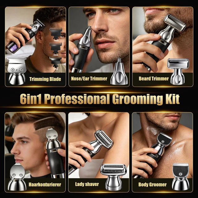 Alt view image 2 of 7 - Audoc 6 in 1 Beard Trimmer for Men Rechargeable with LED Display | IPX6 Waterproof Wet/Dry, Magnetic Detachable Blades, Easy Cleaning, Mustache Hair Clipper Set