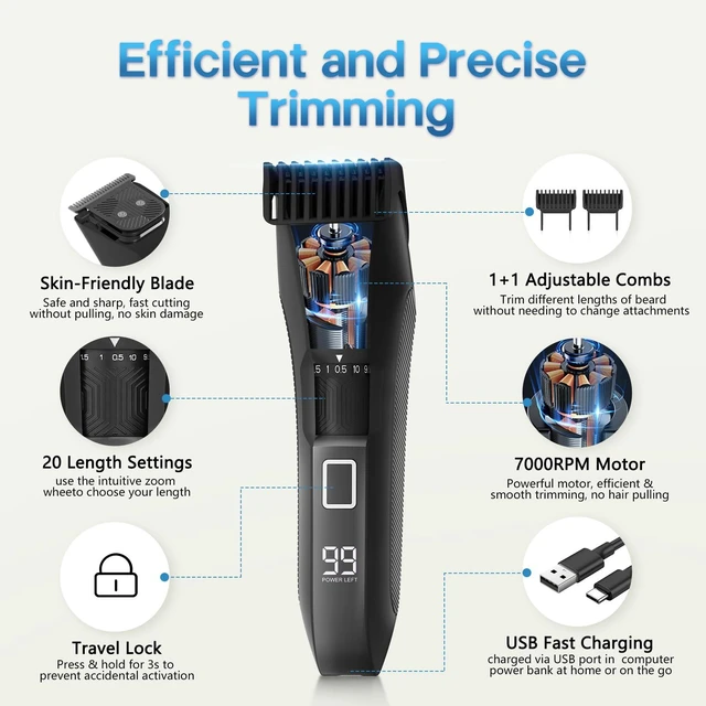 Alt view image 2 of 7 - Beatslm Beard Trimmer for Men, 20 Length Adjustable, Cordless Hair Clippers | Stainless Steel T-Blade for Precision Facial Hair Trimming with 2 Guide Combs, IPX7 Waterproof, Travel Lock, LED Display