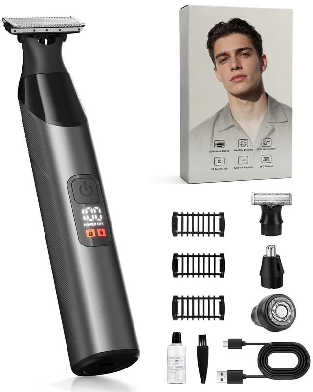 Main image of Prettywill Beard Trimmer for Men & Body Hair Trimmer, Dual-Sided Blade for Beard Shaping and Edge Trimming, Magnetic Detachable Heads, IPX7 Waterproof, LED Display,Moonrock Gray