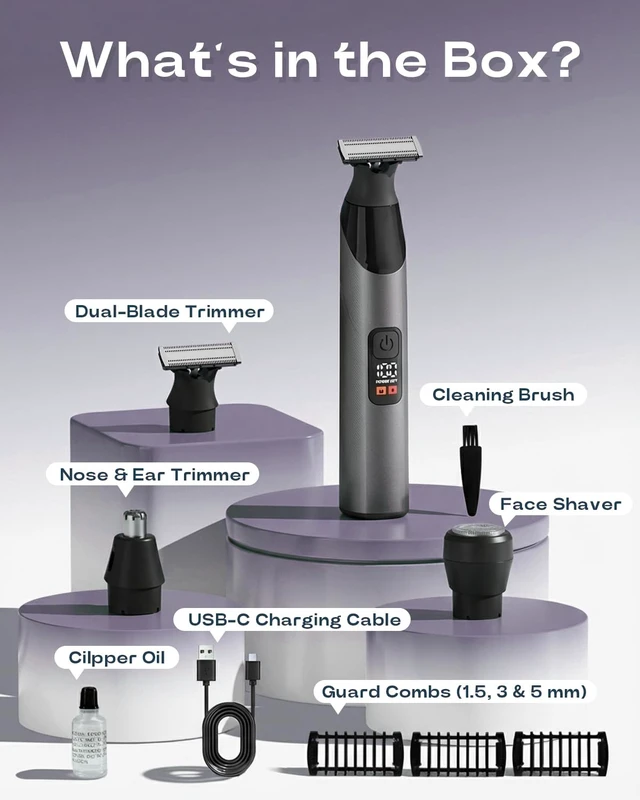 Alt view image 7 of 7 - Prettywill Beard Trimmer for Men & Body Hair Trimmer, Dual-Sided Blade for Beard Shaping and Edge Trimming, Magnetic Detachable Heads, IPX7 Waterproof, LED Display,Moonrock Gray