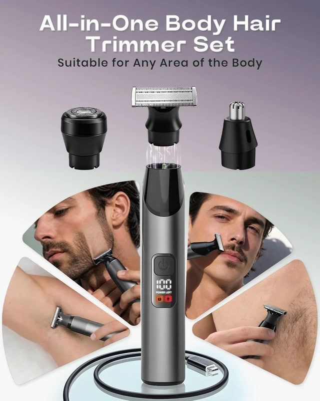 Alt view image 5 of 7 - Prettywill Beard Trimmer for Men & Body Hair Trimmer, Dual-Sided Blade for Beard Shaping and Edge Trimming, Magnetic Detachable Heads, IPX7 Waterproof, LED Display,Moonrock Gray