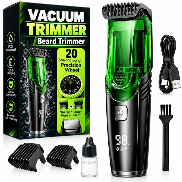Main image of Vacuum Beard Trimmer for Men Cordless, Professional Beard and Mustache Trimmer Rechargeable, 20 Precision Lengths 1-20mm Dial, IPX6 Waterproof Wet Dry Electric Hair Trimmer Grooming Kit, USB-C.