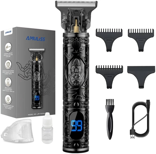 Main image of AMULISS Beard Trimmer for Men,Vintage Hair Trimmer, LED Rechargable (Black) | Multifunctional,180-min Running Time,All-Metal Body,T- blade trimmer for beard,haircut,Carving,body hair,balding trimming