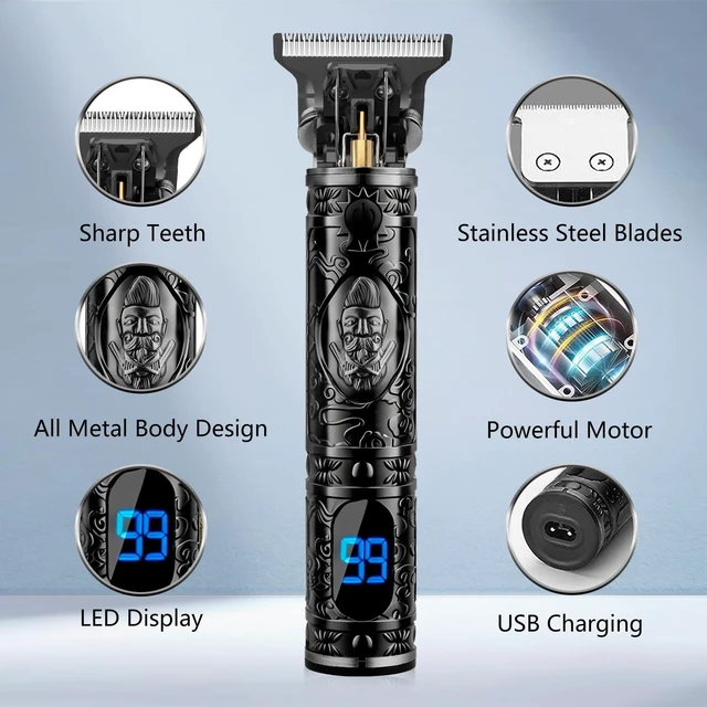 Alt view image 2 of 7 - AMULISS Beard Trimmer for Men,Vintage Hair Trimmer, LED Rechargable (Black) | Multifunctional,180-min Running Time,All-Metal Body,T- blade trimmer for beard,haircut,Carving,body hair,balding trimming