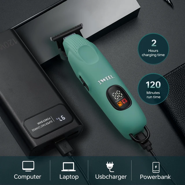 Alt view image 5 of 7 - IWEEL Professional Beard Trimmer for Men, Electric Hair Clippers | Zero Gapped T-Blade Edgers, Cordless Rechargeable Mustache Trimmer Grooming Kit for Body, LCD Display, Green