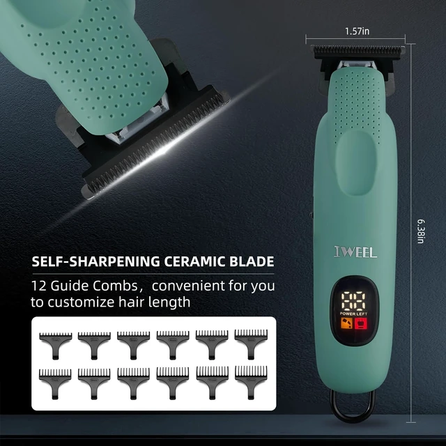 Alt view image 4 of 7 - IWEEL Professional Beard Trimmer for Men, Electric Hair Clippers | Zero Gapped T-Blade Edgers, Cordless Rechargeable Mustache Trimmer Grooming Kit for Body, LCD Display, Green
