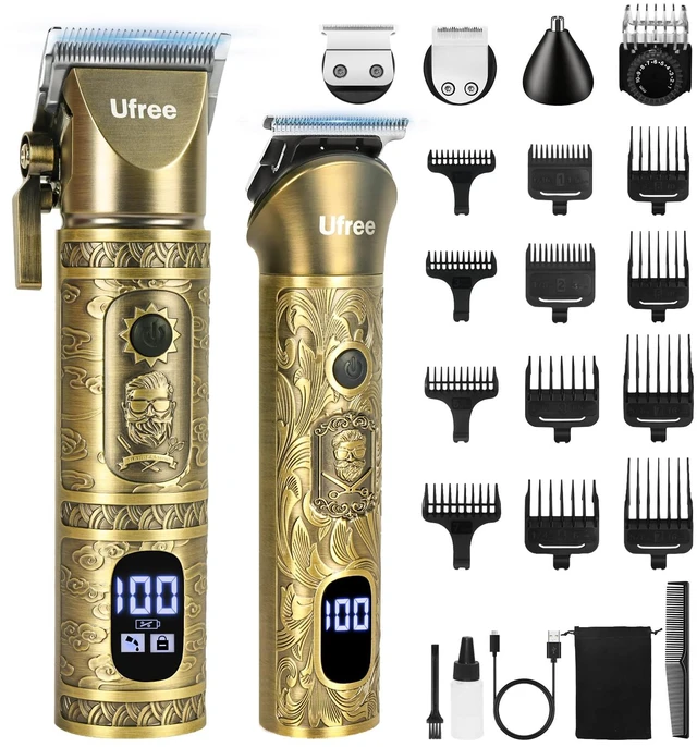 Main image of Ufree Hair Clippers for Men, Cordless Clippers and Trimmers Set, Bronze | Zero Gap T-Blade, 1-22mm Guide Combs, 6500RPM, 180min Runtime, Type-C, Haircut, Beard, Crisp Edges & Nose Trimmer, Men Gift