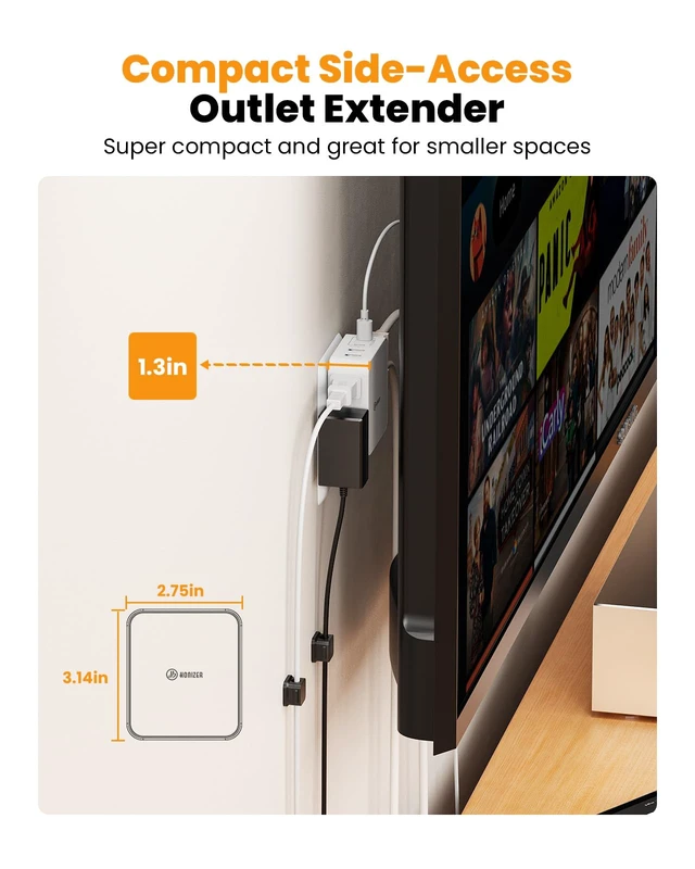 Alt view image 2 of 7 - Flat Outlet Extender with 4AC Side Outlet,Multi Plug with 20W USB C | Compact Wall Outlet for Behind Couches Nightstand Desks TV Kitchen,1875W 3 Sideways Plug Adapter,Wall Plug with 4 Cable Clips