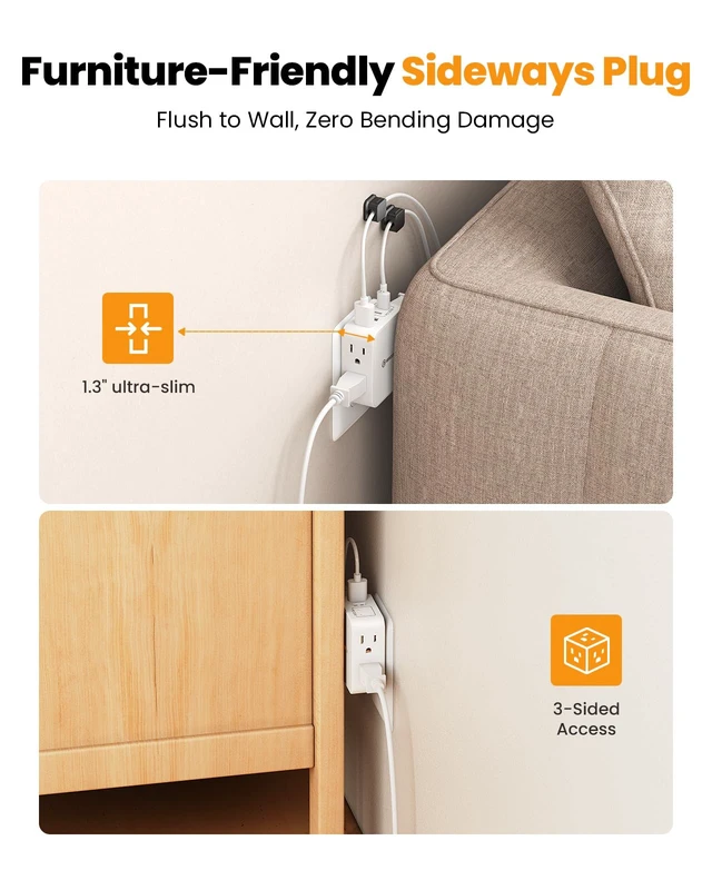 Alt view image 5 of 7 - Flat Outlet Extender with 4AC Side Outlet,Multi Plug with 20W USB C | Compact Wall Outlet for Behind Couches Nightstand Desks TV Kitchen,1875W 3 Sideways Plug Adapter,Wall Plug with 4 Cable Clips