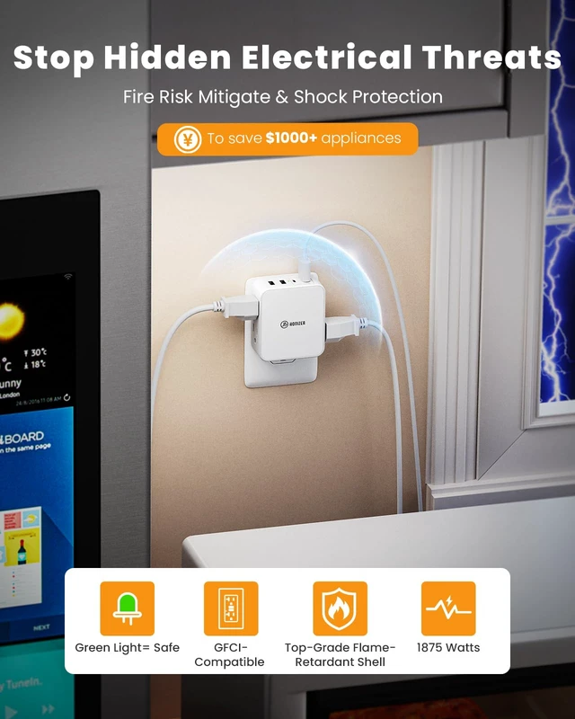 Alt view image 6 of 7 - Flat Outlet Extender with 4AC Side Outlet,Multi Plug with 20W USB C | Compact Wall Outlet for Behind Couches Nightstand Desks TV Kitchen,1875W 3 Sideways Plug Adapter,Wall Plug with 4 Cable Clips