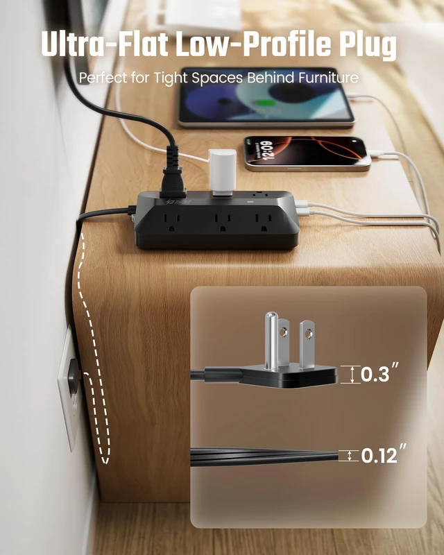 Alt view image 6 of 7 - Flat Power Strip 6FT, Extension Cord with Multiple Outlets,1050J | Surge Protector, 6AC + 4USB Flat Plug Sleek Socket, 10-in-1 Outlet Extender, Dorm Room Essentials, for Home Office & School