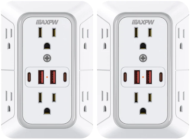 Main image of Multi Plug Wall Outlet Extender,6 Outlets with 4 USB Ports (2 USB-C),2 Pack | 1050J Surge Protector,3-Sided Wide Spaced Power Strip,1875W, ETL Listed,Charging Station for Home Office Dorm Travel,White