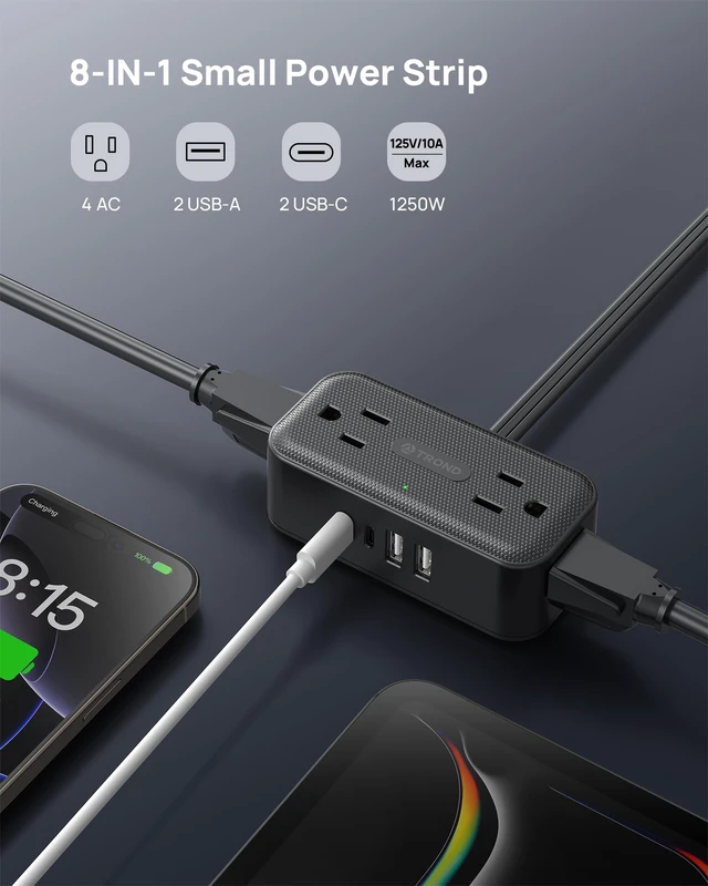 Alt view image 3 of 7 - 360° Rotating Flat Plug Power Strip 5ft, 4 Widely AC Outlets, Black | Flat Extension Cord 4 USB Ports (2 USB C), 10A/1250W, Wall Mount, 900J Surge Protector for Office Travel Dorm Room Essentials