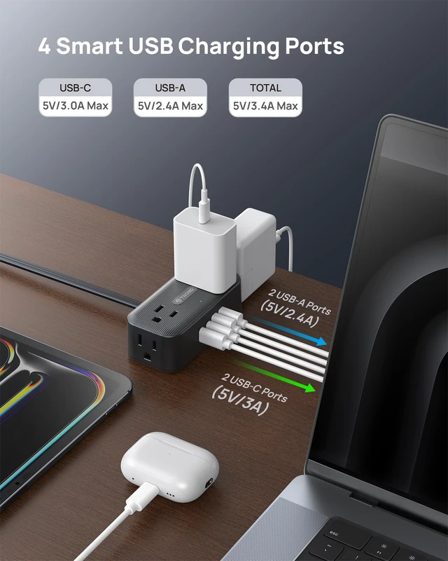 Alt view image 4 of 7 - 360° Rotating Flat Plug Power Strip 5ft, 4 Widely AC Outlets, Black | Flat Extension Cord 4 USB Ports (2 USB C), 10A/1250W, Wall Mount, 900J Surge Protector for Office Travel Dorm Room Essentials
