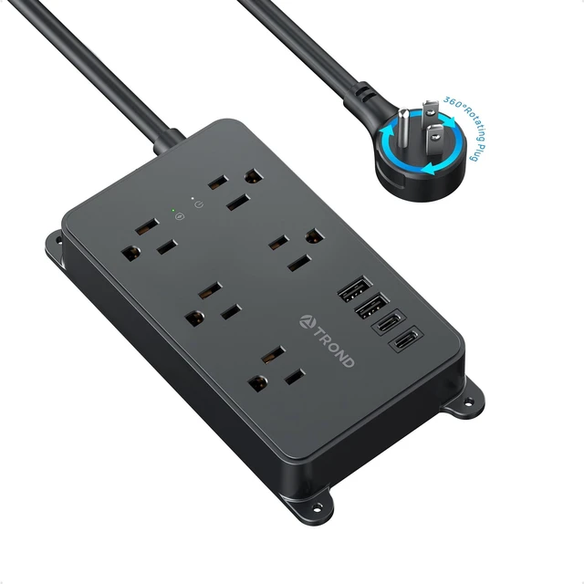 Main image of TROND 360° Rotating Flat Plug Power Strip, 5ft Cord, Black | 5 Widely-Spaced Outlets with 2 USB A and 2 USB C, ETL Listed, 1300J Surge Protector, Wall Mountable, for Home Office