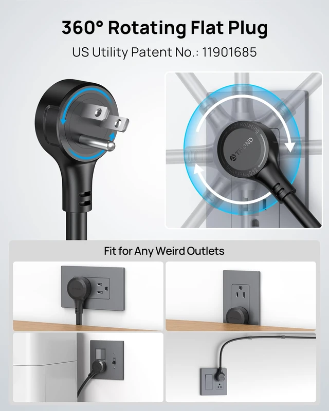 Alt view image 2 of 7 - TROND 360° Rotating Flat Plug Power Strip, 5ft Cord, Black | 5 Widely-Spaced Outlets with 2 USB A and 2 USB C, ETL Listed, 1300J Surge Protector, Wall Mountable, for Home Office