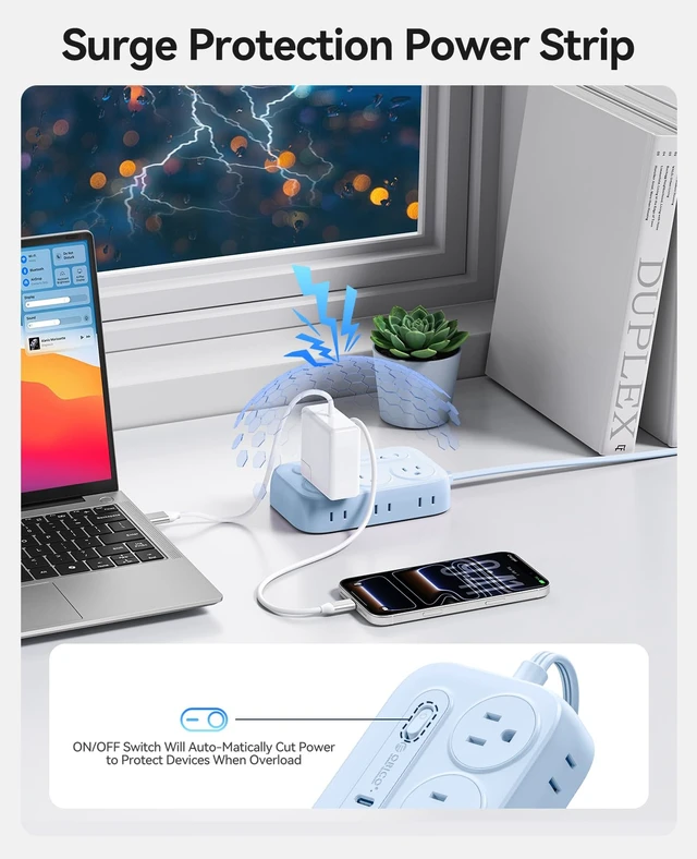Alt view image 2 of 7 - ORICO Surge Protector Power Strip, PD20W Multiple Outlets Extension Cord | with 6 AC Outlets and 4 USB Charging Ports (2 USB-C), Flat Plug, 5Ft Mountable Outlet Extender for Office/Dorm ETL Listed- OG