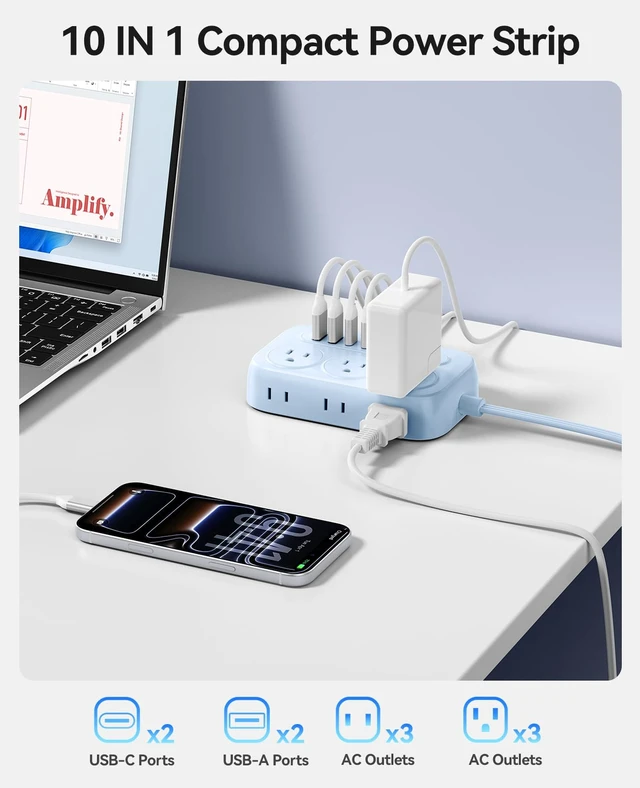 Alt view image 3 of 7 - ORICO Surge Protector Power Strip, PD20W Multiple Outlets Extension Cord | with 6 AC Outlets and 4 USB Charging Ports (2 USB-C), Flat Plug, 5Ft Mountable Outlet Extender for Office/Dorm ETL Listed- OG