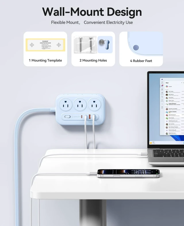 Alt view image 6 of 7 - ORICO Surge Protector Power Strip, PD20W Multiple Outlets Extension Cord | with 6 AC Outlets and 4 USB Charging Ports (2 USB-C), Flat Plug, 5Ft Mountable Outlet Extender for Office/Dorm ETL Listed- OG