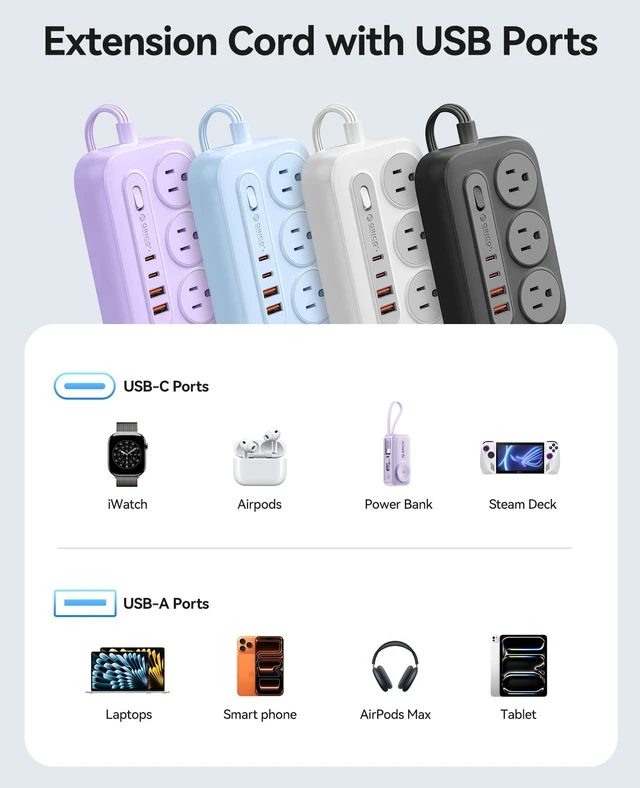 Alt view image 7 of 7 - ORICO Surge Protector Power Strip, PD20W Multiple Outlets Extension Cord | with 6 AC Outlets and 4 USB Charging Ports (2 USB-C), Flat Plug, 5Ft Mountable Outlet Extender for Office/Dorm ETL Listed- OG