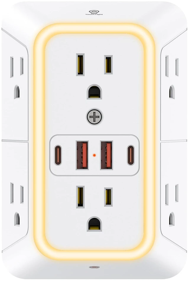 Main image of White Outlet Extender with Night Light, 6AC&2A2C, 1050J Surge Protector,ETL | 6 Wide Multi Plug Wall Outlet, 4 USB Ports Wall Charger, 3 Side Outlet Splitter Expander, Power Strip for Home/Dorm/Travel