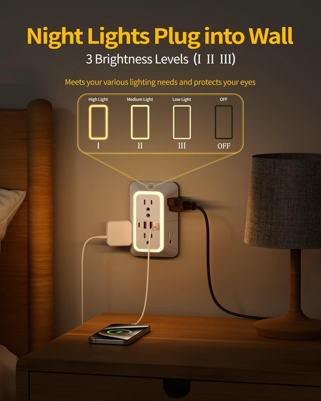 Alt view image 2 of 7 - White Outlet Extender with Night Light, 6AC&2A2C, 1050J Surge Protector,ETL | 6 Wide Multi Plug Wall Outlet, 4 USB Ports Wall Charger, 3 Side Outlet Splitter Expander, Power Strip for Home/Dorm/Travel
